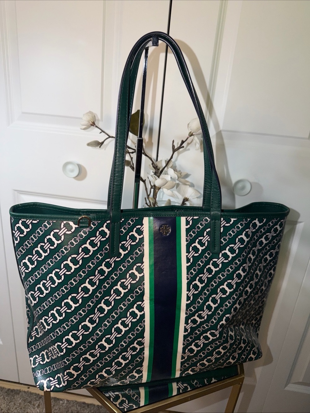 Tory Burch Green Chain-Print Tote Bag with Stripe Accent